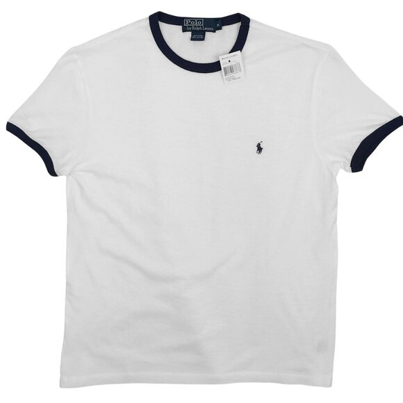 NEW Vintage Polo Ralph Lauren Polo Player T Shirt!  White  Navy Trim  Slim Fit - Picture 1 of 2